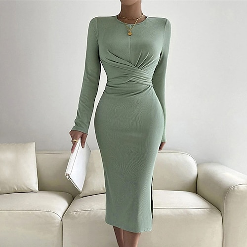 

Women's Sheath Dress Midi Dress Light Green Long Sleeve Pure Color Ruched Winter Fall Autumn Crew Neck Mature Winter Dress Fall Dress 2022 S M L XL