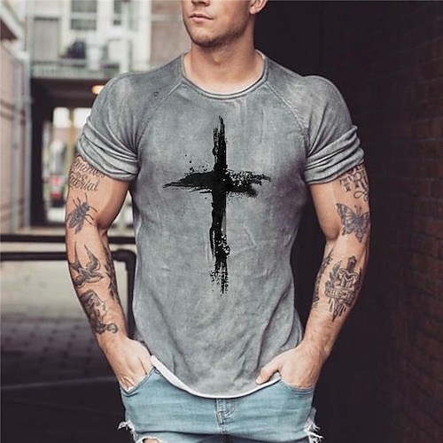 

Men's Unisex T shirt Tee Graphic Prints Cross Crew Neck Gray 3D Print Outdoor Street Half Sleeve Print Clothing Apparel Basic Sports Designer Casual