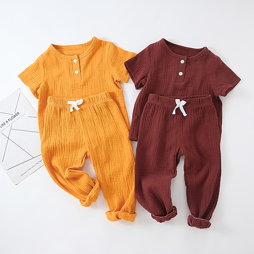 

2 Pièces T-shirt Pantalon Ensemble de Vêtements Tenues Enfants Garçon Couleur unie Manche Courte Coton Set Casual Eté 2-6 ans Jaune Vin