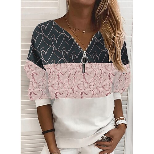 

Women's Sweatshirt Pullover V Neck Color Block Heart Quarter Zip Print Daily Weekend 3D Print Active Streetwear Clothing Apparel Hoodies Sweatshirts Pink