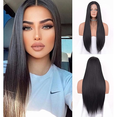 

Glueless Natural Black Wigs for Women 1B Black Synthetic Wig Natural Black Wigs Natural Straight Realistic Wigs Middle Part 24 inches