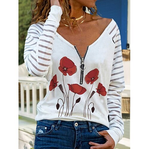 

Women's Blouse Shirt White Floral Quarter Zip Print Long Sleeve Daily Weekend Streetwear Casual V Neck Regular Floral S / 3D Print