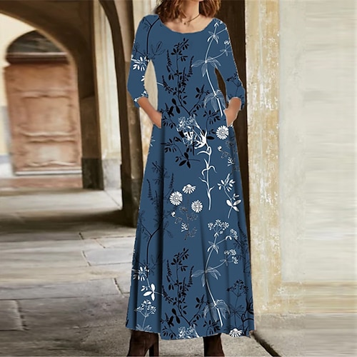 

Women's Casual Dress A Line Dress Maxi long Dress Blue Long Sleeve Floral Pocket Print Fall Winter V Neck Casual Vacation 2022 S M L XL XXL 3XL