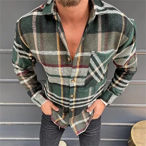 

Men's Shirt Overshirt Plaid Turndown Green Long Sleeve Street Daily Button-Down Tops Basic Fashion Casual Comfortable