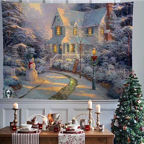 

Christmas Party Wall Tapestry Holiday Photography Background Santa Claus Snowhouse Reindeer Tree Gift Art Decor Blanket Curtain Hanging Home Bedroom Living Room Decoration Polyester