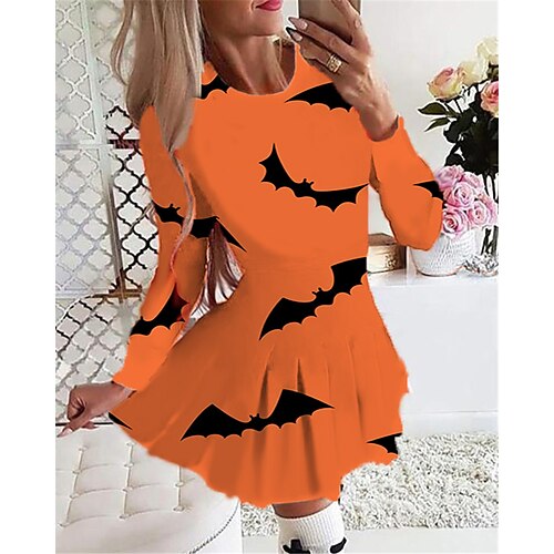 

Women's Casual Dress Swing Dress Short Mini Dress Yellow Gold Orange Dark Gray Gray Long Sleeve Letter Pumpkin Bat Print Fall Winter Round Neck Vacation Casual Halloween 2022 S M L XL 2XL 3XL 4XL 5XL