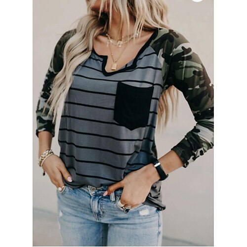 

Women's T shirt Tee Striped Basic V Neck Standard Spring Camouflage