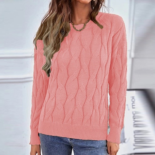 

Women's Pullover Sweater jumper Jumper Cable Knit Knitted Pure Color Crew Neck Stylish Casual Outdoor Daily Winter Fall Blue Pink S M L / Long Sleeve / Regular Fit / Going out