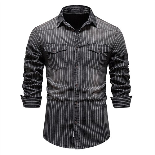 

Men's Demin Shirt Denim Shirt Striped Turndown Black Blue Print Street Daily Long Sleeve Button-Down Clothing Apparel Denim Casual Comfortable Pocket