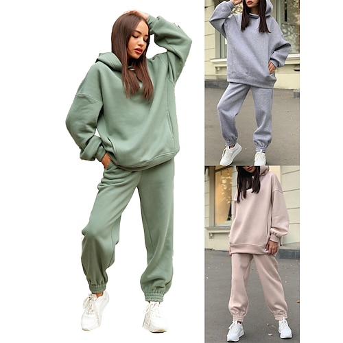 

Women's Sweatsuit Activewear Set Yoga Set Winter Pocket Hooded Solid Color Tracksuit Green White Yoga Gym Workout Running Thermal Warm Sport Activewear / Athletic / Athleisure