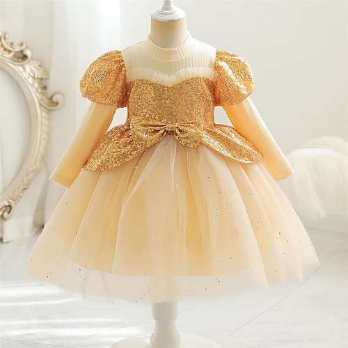 

Kids Girls' Dress Solid Colored A Line Dress Midi Dress Party Sequins Long Sleeve Cute Dress 3-10 Years Fall Champagne