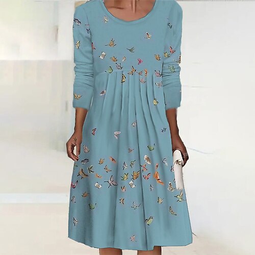 

Women's Casual Dress Midi Dress Blue Long Sleeve Butterfly Ruched Winter Fall Autumn Winter Dress Weekend Fall Dress 2022 S M L XL XXL 3XL 4XL 5XL 6XL