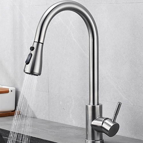 

Kitchen Faucet with Pull-out Spray,Single Handle One Hole Nickel Brushed 304 Stainless Steel High Arc Centerset Modern Contemporary Kitchen Taps