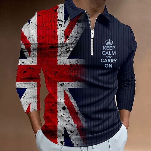 

Men's Collar Polo Shirt Golf Shirt Letter National Flag Turndown Navy Blue 3D Print Outdoor Street Long Sleeve Zipper Print Clothing Apparel Fashion Designer Casual Breathable