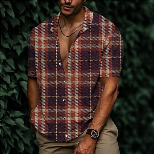 

Men's Shirt Plaid Turndown Red 3D Print Outdoor Street Short Sleeve Button-Down Print Clothing Apparel Fashion Designer Casual Breathable / Summer / Spring / Summer