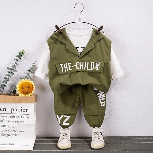 

3 Pieces Kids Unisex T-shirt & Pants Clothing Set Outfit Letter Long Sleeve Cotton Set Street Active Fashion Winter Fall 2-6 Years Green Black Yellow