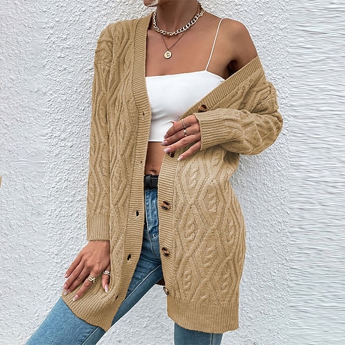 

Women's Cardigan Sweater Jumper Cable Knit Tunic Button Knitted Pure Color V Neck Stylish Casual Outdoor Daily Winter Fall Khaki Coffee S M L / Long Sleeve / Regular Fit / Going out