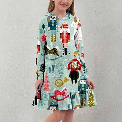 

Kids Girls' The Nutcracker Dress Cartoon A Line Dress Daily Vacation Ruffle Print Blue Above Knee Long Sleeve Vacation Cute Dresses Fall Winter Regular Fit 3-12 Years