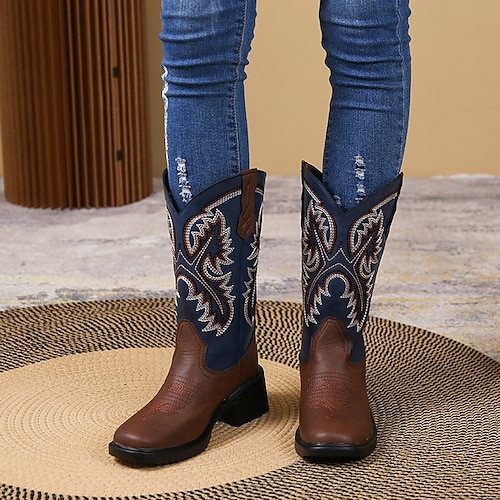 

Women's Boots Cowboy Boots Mid Calf Boots Embroidery Block Heel Round Toe Vintage Casual Daily PU Leather Loafer Fall Winter Embroidered Black Brown
