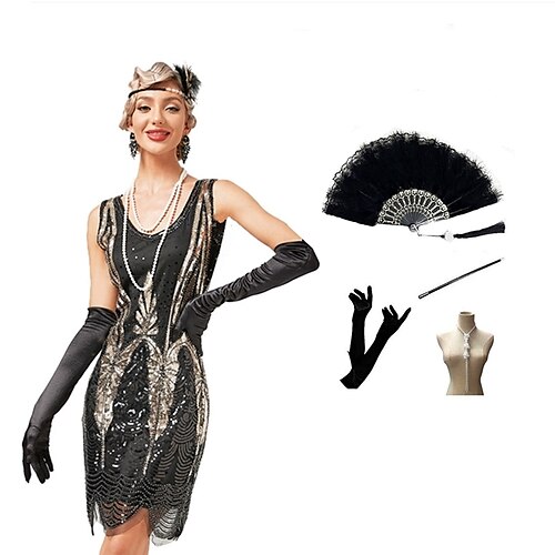 

The Great Gatsby Vintage Inspired The Great Gatsby Party Costume JSK / Jumper Skirt Women's Sequins Costume Vintage Cosplay Party Halloween Dress Sleeveless Short Length Dress Halloween / Gloves