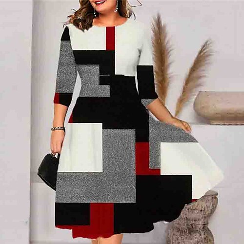 

Women's Plus Size Work Dress Geometric Crew Neck Print 3/4 Length Sleeve Fall Winter Work Formal Midi Dress Daily Vacation Dress / 3D Print