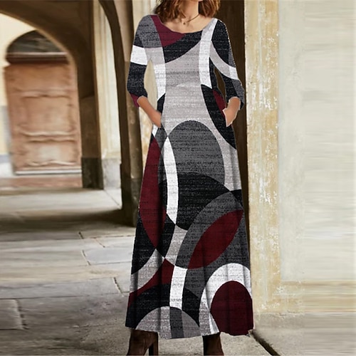 

Women's Casual Dress A Line Dress Maxi long Dress Gray Long Sleeve Floral Geometric Pocket Print Fall Winter V Neck Vacation Casual 2022 S M L XL XXL 3XL