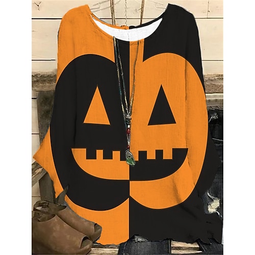 

Women's Plus Size Tops Blouse Shirt Pumpkin Print Long Sleeve Crewneck Casual Halloween Halloween Daily Polyester Fall Winter Yellow Orange