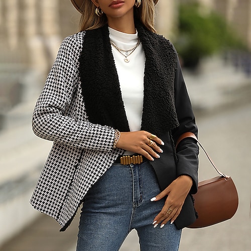 

Women's Blazer Warm Breathable Outdoor Office / Career Street Holiday Patchwork Pocket Cardigan Turndown OL Style Formal Street Style Plaid Regular Fit Outerwear Long Sleeve Winter Fall Black And