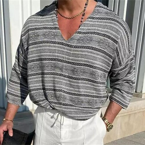 

Men's T shirt Tee Striped V Neck Black / Gray Long Sleeve Street Daily Tops Simple Casual Comfortable