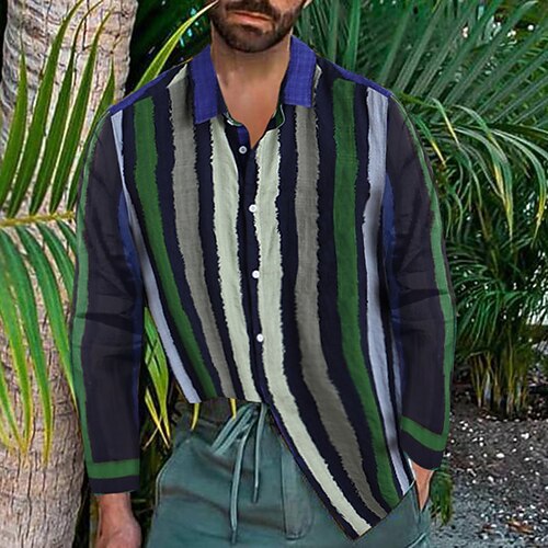 

Men's Shirt Striped Turndown Green Long Sleeve 3D Print Outdoor Street Button-Down Print Tops Fashion Designer Casual Breathable