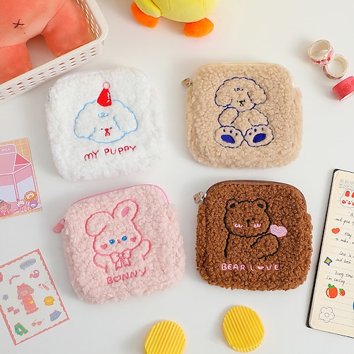 

Cartoon Plush Sanitary Pad Bags Reusable Embroidery Fur Napkin Organizer Women Girls Pad Pouch Bags