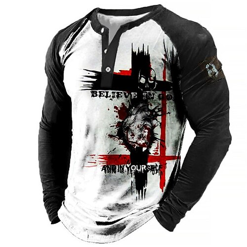 

Men's Unisex T shirt Tee Knights Templar Graphic Prints Cross V Neck Black 3D Print Casual Daily Long Sleeve Patchwork Print Clothing Apparel Designer Casual Big and Tall Athletic