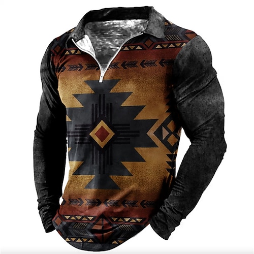 

Men's Collar Polo Shirt Golf Shirt Geometry Turndown Blue Khaki 3D Print Outdoor Street Long Sleeve Zipper Print Clothing Apparel Fashion Designer Casual Breathable