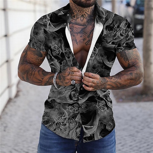

Men's Shirt Graphic Shirt Skull Turndown Gray 3D Print Outdoor Halloween Short Sleeves Button-Down Print Clothing Apparel Cool Designer Casual Breathable / Summer / Spring / Summer