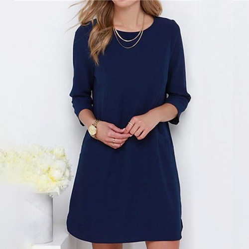 

Women's Shift Dress Short Mini Dress Dark Blue Long Sleeve Pure Color Ruched Fall Winter Round Neck Casual 2022 S M L XL XXL / Cotton