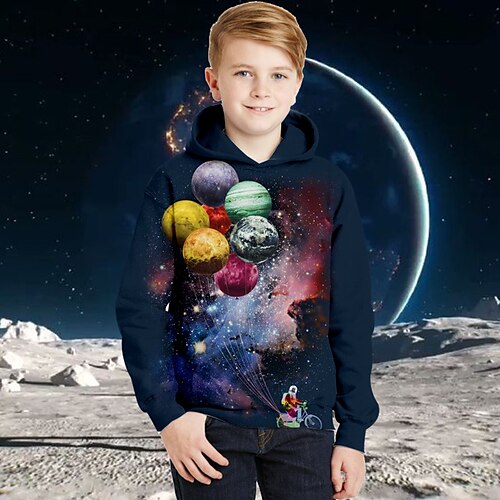 

Kids Boys Hoodie Galaxy Outdoor 3D Print Long Sleeve Pocket Active 3-13 Years Winter Navy Blue
