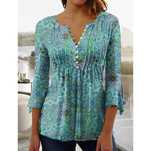 

Mulheres Camisa Social Blusa Túnica Azul Roxo Verde Floral Botão Túnica esvoaçante Manga Longa Diário Final de semana Roupa de rua Casual Decote Redondo Longo Tema Flores S