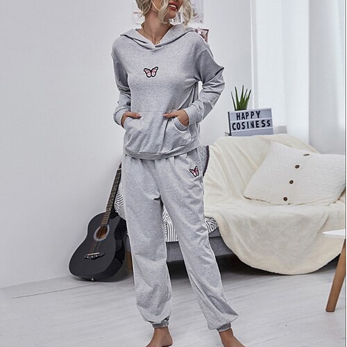 

Women's Loungewear Sets Nighty 2 Pieces Animal Butterfly Fashion Sport Comfort Home Street Airport Cotton Breathable Hoodie Long Sleeve Hoodie Pant Pocket Fall Spring Gray