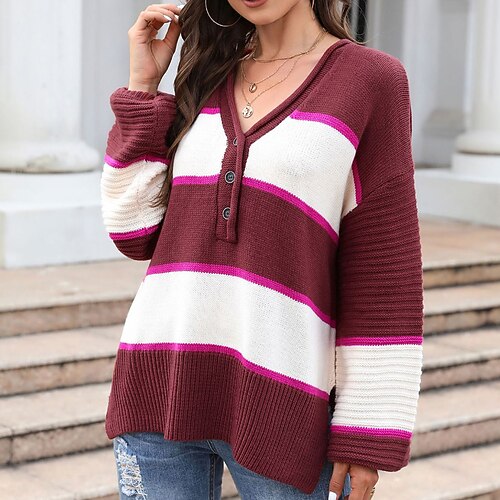 

Women's Pullover Sweater jumper Jumper Ribbed Knit Patchwork Button Striped V Neck Stylish Casual Outdoor Holiday Winter Fall Green Wine S M L / Long Sleeve / Regular Fit / Going out