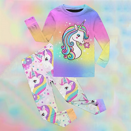 

2 Pieces Kids Girls' T-shirt & Pants T-shirtSet Clothing Set Outfit Animal Unicorn Long Sleeve Print Set Street Fashion Sweet Winter Fall 3-12 Years Rainbow