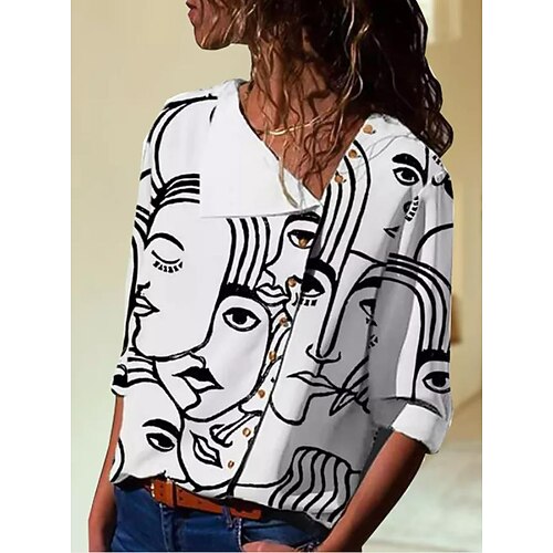 

Women's Shirt Portrait Daily Weekend Portrait Shirt Long Sleeve Button Print V Neck Casual Streetwear White Black S / 3D Print