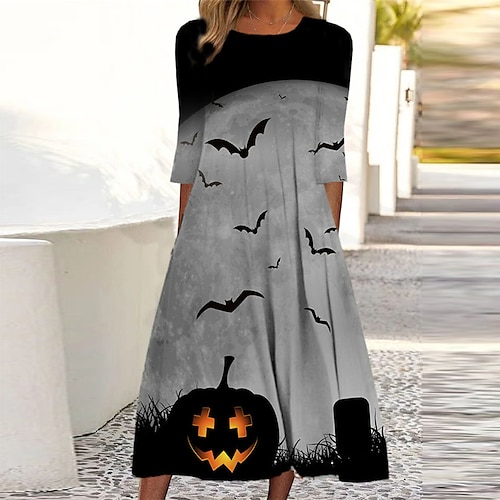 

Women's Casual Dress Shift Dress Midi Dress Gray 3/4 Length Sleeve Pumpkin Bat Ruched Print Fall Winter Round Neck Vacation Casual 2022 S M L XL XXL 3XL