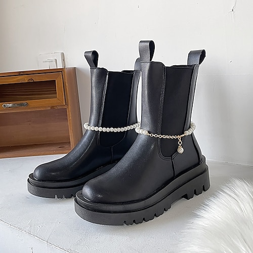 

Women's Boots Daily Chelsea Boots Booties Ankle Boots Winter Imitation Pearl Chunky Heel Round Toe PU Leather Loafer Solid Colored Black