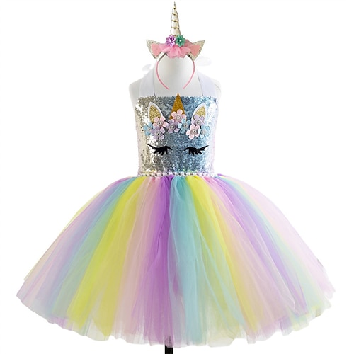 

Wedding Party Birthday Princess Flower Girl Dresses Halter Neck Knee Length Nylon with Splicing Paillette Rainbow Tutu Cute Girls' Party Dress Fit 3-16 Years