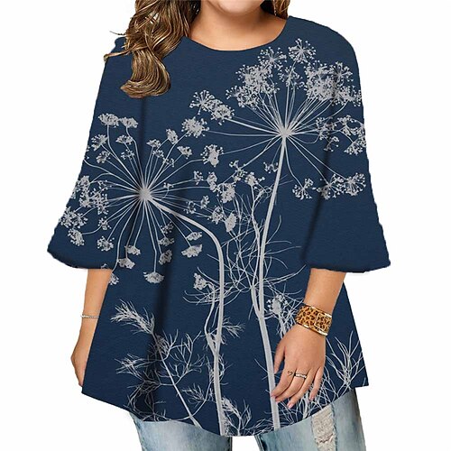 

Women's Plus Size Tops Blouse Shirt Floral Print 3/4 Length Sleeve Crewneck Casual Daily Holiday Cotton Spandex Jersey Fall Winter Blue Blue Black