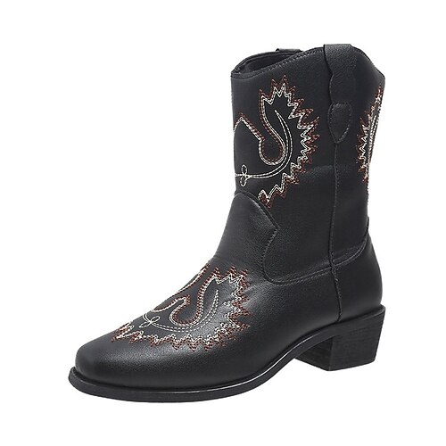 

Women's Boots Daily Cowboy Boots Booties Ankle Boots Winter Sparkling Glitter Embroidery Chunky Heel Square Toe Vintage Casual PU Leather Loafer Embroidered Almond Black Brown