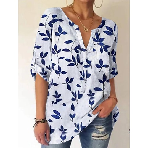 

Women's Blouse Shirt Blue Light Blue White Leaves Print Long Sleeve Casual Weekend Streetwear V Neck Regular Floral S / 3D Print