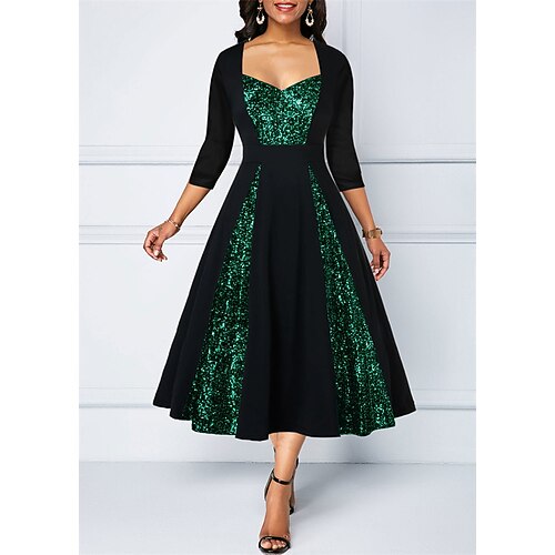

Women's Party Dress Swing Dress Midi Dress Black 3/4 Length Sleeve Color Block Patchwork Zipper Fall Winter V Neck Fashion Elegant 2022 S M L XL 2XL 3XL 4XL 5XL