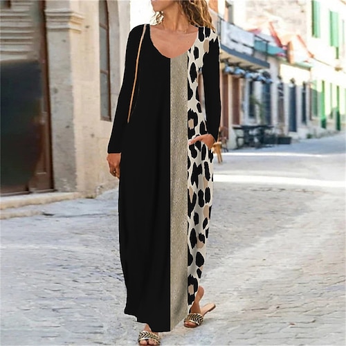 

robe longue Femme Robe casual manche longue Hiver Automne - Casual Classique Patchwork Bloc de couleur Col V robe hiver robe automne Ample 2023 Noir Blanche L XL 2XL 3XL 4XL 5XL 6XL