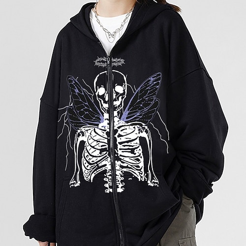 

Women's Hoodie Jacket Warm Breathable Outdoor Daily Wear Vacation Going out Pocket Print Zipper Hoodie Vintage Sports Street Style Halloween Skull Regular Fit Outerwear Long Sleeve Winter Fall Black